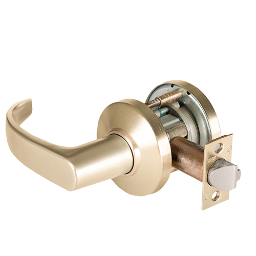 Grade 1 Exit Cylindrical Lock, Lost Motion, 14 Lever, C Rose, Non-Keyed, Satin Brass Finish, 2-3/4" ANSI Strike, Non-handed Satin Brass