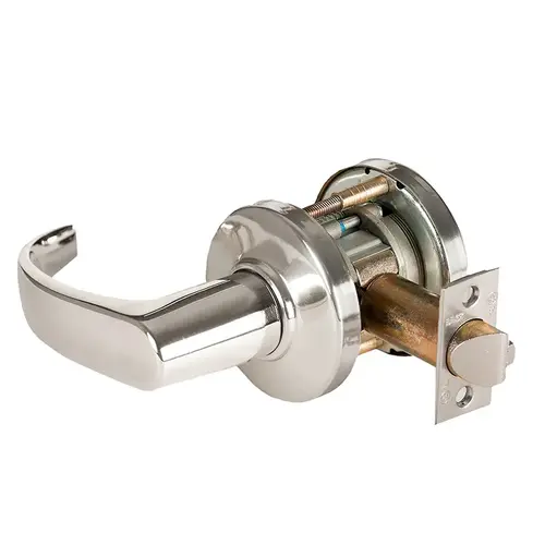 Grade 1 Exit Cylindrical Lock, Lost Motion, 14 Lever, C Rose, Non-Keyed, Bright Nickel Finish, 2-3/4" ANSI Strike, Non-handed Bright Nickel