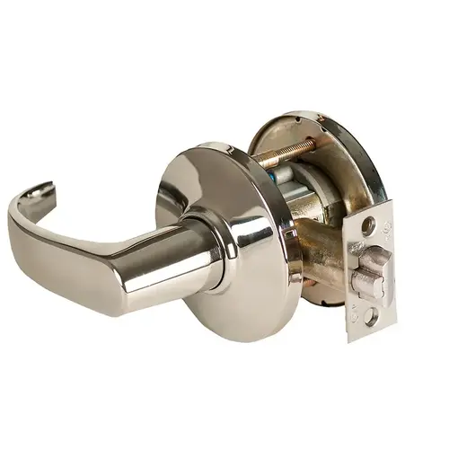 Grade 1 Exit Cylindrical Lock, Lost Motion, 14 Lever, D Rose, Non-Keyed, Bright Nickel Finish, 4-7/8" ANSI Strike, Non-handed Bright Nickel