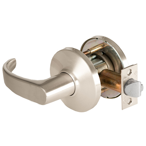 Grade 1 Exit Cylindrical Lock, Lost Motion, 14 Lever, D Rose, Non-Keyed, Satin Nickel Finish, 2-3/4" ANSI Strike, Non-handed Satin Nickel