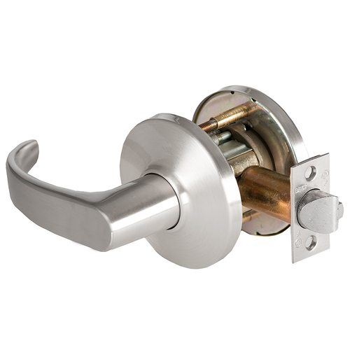 Grade 1 Exit Cylindrical Lock, Lost Motion, 14 Lever, D Rose, Non-Keyed, Satin Chrome Finish, 4-7/8" ANSI Strike, Non-handed Satin Chrome