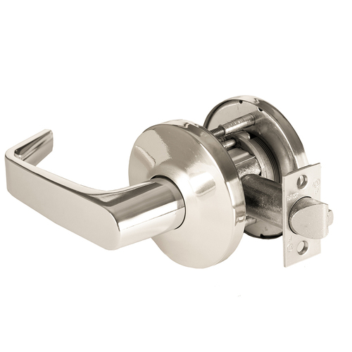 Grade 1 Exit Cylindrical Lock, Lost Motion, 15 Lever, L Rose, Non-Keyed, Bright Nickel Finish, 2-3/4" ANSI Strike, Non-handed Bright Nickel