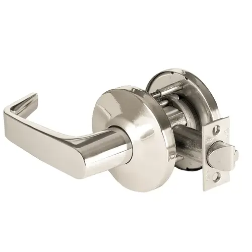 Grade 1 Closet Cylindrical Lock, Lost Motion, 15 Lever, L Rose, Non-Keyed, Bright Nickel Finish, 2-3/4" ANSI Strike, Non-handed Bright Nickel