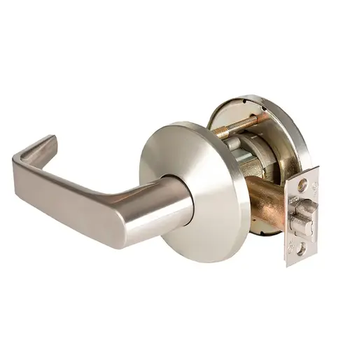 Grade 1 Exit Cylindrical Lock, Lost Motion, 15 Lever, L Rose, Non-Keyed, Satin Nickel Finish, 2-3/4" ANSI Strike, Non-handed Satin Nickel