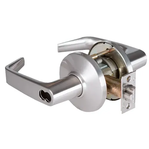 Grade 1 Storeroom Cylindrical Lock, Lost Motion, 15 Lever, D Rose, SFIC Less Core, Satin Chrome Finish, 4-7/8" ANSI Strike, Non-handed Satin Chrome