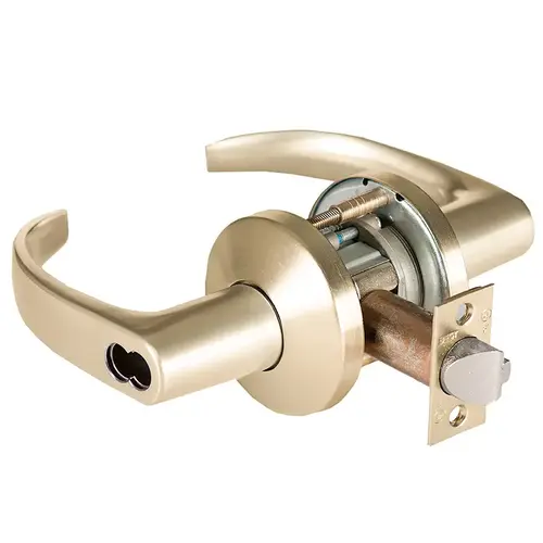 Grade 1 Entrance/Office Cylindrical Lock, Lost Motion, 14 Lever, K Rose, SFIC Less Core, Satin Brass Finish, 2-3/4" ANSI Strike, Non-handed Satin Brass