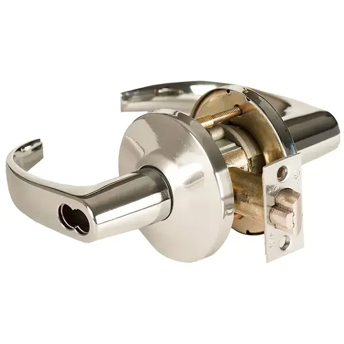 Grade 1 Dormitory/Storeroom Cylindrical Lock, Lost Motion, 14 Lever, L Rose, SFIC Less Core, Bright Nickel Finish, 4-7/8" ANSI Strike, Non-handed Bright Nickel