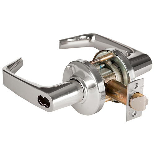 Grade 1 Storeroom Cylindrical Lock, Lost Motion, 15 Lever, C Rose, SFIC Less Core, Bright Chrome Finish, 2-3/4" ANSI Strike, Non-handed Bright Chrome