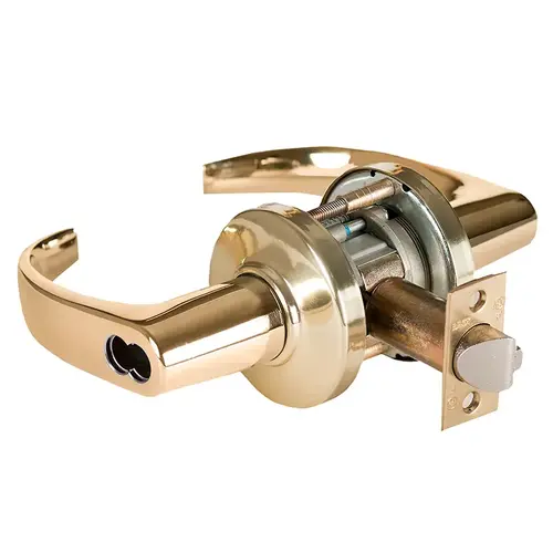 Grade 1 Hotel Cylindrical Lock, Lost Motion, 14 Lever, C Rose, SFIC Less Core, Bright Brass Finish, 2-3/4" ANSI Strike, Non-handed Bright Brass