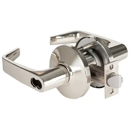 Grade 1 Communicating Cylindrical Lock, Lost Motion, 15 Lever, D Rose, SFIC Less Core, Bright Nickel Finish, 4-7/8" ANSI Strike, Non-handed Bright Nickel