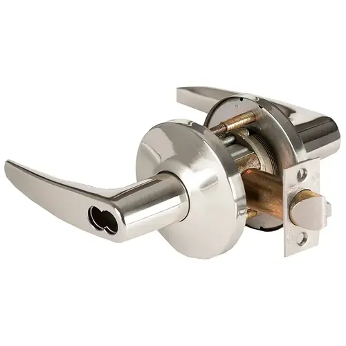 Grade 1 Office Cylindrical Lock, Lost Motion, 16 Lever, L Rose, SFIC Less Core, Bright Nickel Finish, 4-7/8" ANSI Strike, Non-handed Bright Nickel