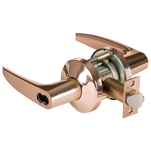 Grade 1 Entrance/Office Cylindrical Lock, Lost Motion, 16 Lever, K Rose, SFIC Less Core, Bright Bronze Finish, 2-3/4" ANSI Strike, Non-handed Bright Bronze