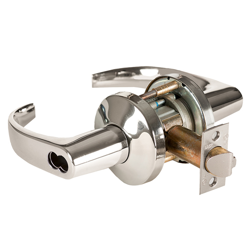 Grade 1 Communicating Cylindrical Lock, Lost Motion, 14 Lever, K Rose, SFIC Less Core, Bright Nickel Finish, 4-7/8" ANSI Strike, Non-handed Bright Nickel