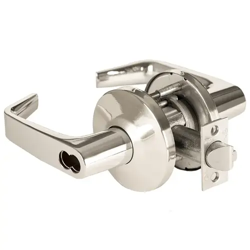 Grade 1 Dormitory Cylindrical Lock, Lost Motion, 15 Lever, L Rose, SFIC Less Core, Bright Nickel Finish, 4-7/8" ANSI Strike, Non-handed Bright Nickel