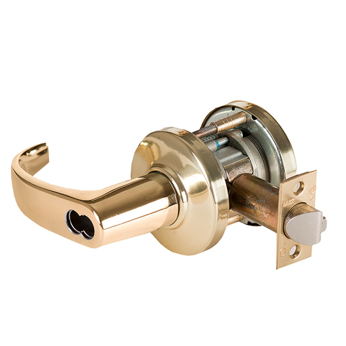 Grade 1 Closet/Storeroom Cylindrical Lock, Lost Motion, 14 Lever, C Rose, SFIC Less Core, Bright Brass Finish, 4-7/8" ANSI Strike, Non-handed Bright Brass