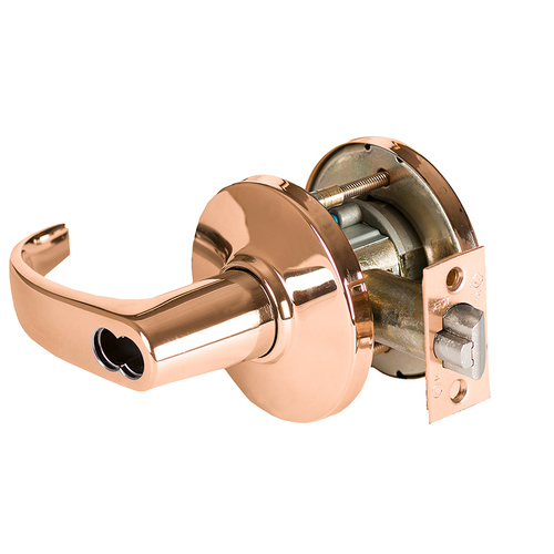 Grade 1 Closet/Storeroom Cylindrical Lock, Lost Motion, 14 Lever, D Rose, SFIC Less Core, Bright Bronze Finish, 4-7/8" ANSI Strike, Non-handed Bright Bronze