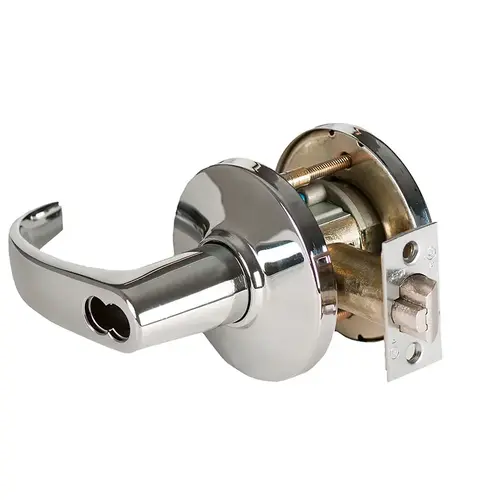 Grade 1 Special Cylindrical Lock, Lost Motion, 14 Lever, D Rose, SFIC Less Core, Bright Chrome Finish, 4-7/8" ANSI Strike, Non-handed Bright Chrome