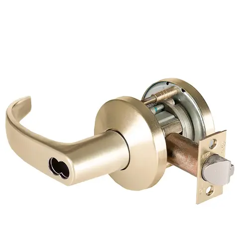 Grade 1 Closet/Storeroom Cylindrical Lock, Lost Motion, 14 Lever, K Rose, SFIC Less Core, Satin Brass Finish, 4-7/8" ANSI Strike, Non-handed Satin Brass