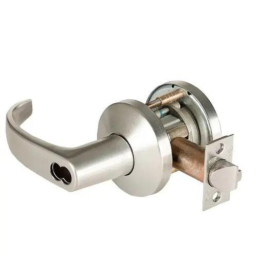 Grade 1 Exit Cylindrical Lock, Lost Motion, 14 Lever, K Rose, SFIC Less Core, Satin Nickel Finish, 2-3/4" ANSI Strike, Non-handed Satin Nickel