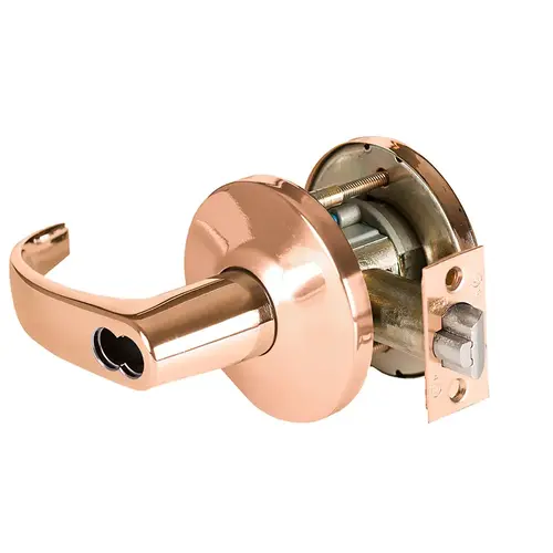 Grade 1 Exit Cylindrical Lock, Lost Motion, 14 Lever, L Rose, SFIC Less Core, Bright Bronze Finish, 2-3/4" ANSI Strike, Non-handed Bright Bronze