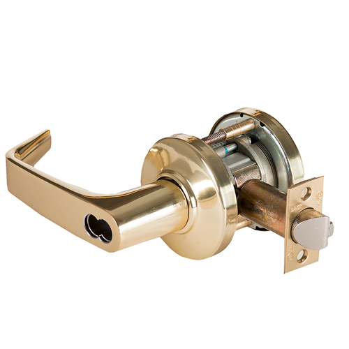 Grade 1 Special Cylindrical Lock, Lost Motion, 15 Lever, C Rose, SFIC Less Core, Bright Brass Finish, 4-7/8" ANSI Strike, Non-handed Bright Brass