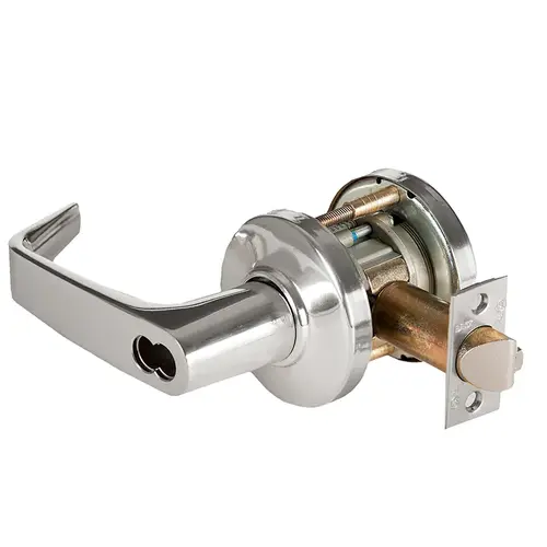 Grade 1 Special Cylindrical Lock, Lost Motion, 15 Lever, C Rose, SFIC Less Core, Bright Chrome Finish, 2-3/4" ANSI Strike, Non-handed Bright Chrome