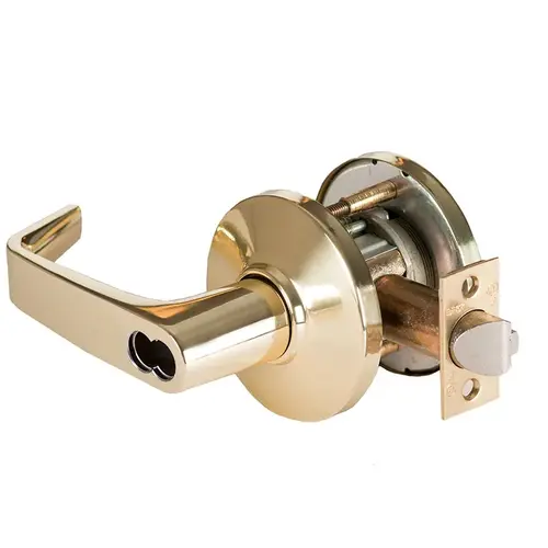 Grade 1 Exit Cylindrical Lock, Lost Motion, 15 Lever, D Rose, SFIC Less Core, Bright Brass Finish, 2-3/4" ANSI Strike, Non-handed Bright Brass