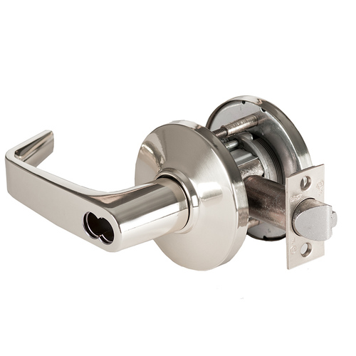 Grade 1 Closet/Storeroom Cylindrical Lock, Lost Motion, 15 Lever, D Rose, SFIC Less Core, Bright Nickel Finish, 4-7/8" ANSI Strike, Non-handed Bright Nickel