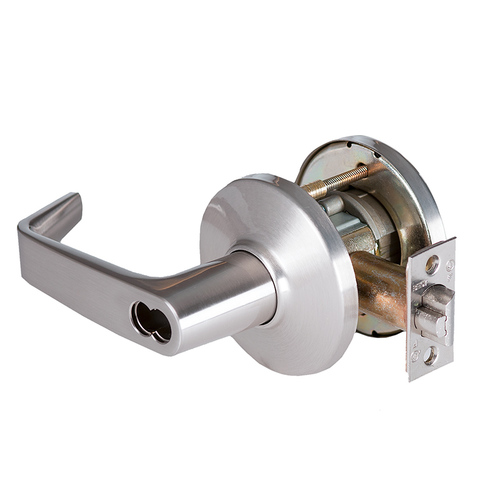 Grade 1 Closet/Storeroom Cylindrical Lock, Lost Motion, 15 Lever, D Rose, SFIC Less Core, Satin Chrome Anti-Microbial Finish, 4-7/8" ANSI Strike, Non-handed Satin Chrome Anti-Microbial