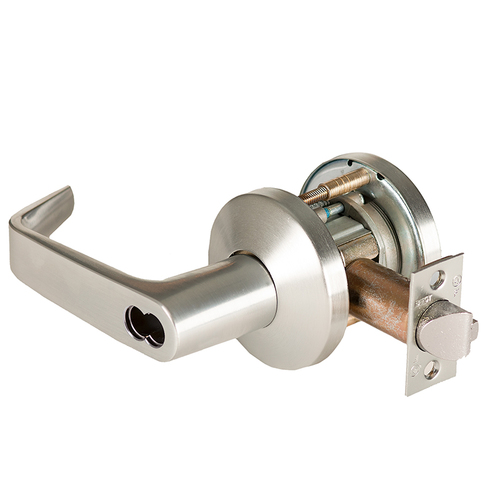 Grade 1 Closet/Storeroom Cylindrical Lock, Lost Motion, 15 Lever, K Rose, SFIC Less Core, Satin Nickel Finish, 2-3/4" ANSI Strike, Non-handed Satin Nickel