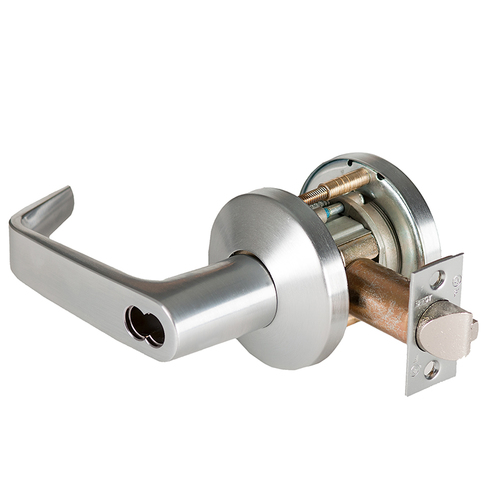 Grade 1 Special Cylindrical Lock, Lost Motion, 15 Lever, K Rose, SFIC Less Core, Satin Chrome Anti-Microbial Finish, 4-7/8" ANSI Strike, Non-handed Satin Chrome Anti-Microbial