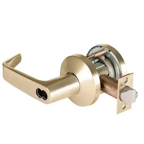 Grade 1 Closet/Storeroom Cylindrical Lock, Lost Motion, 15 Lever, K Rose, SFIC Less Core, Satin Brass Finish, 4-7/8" ANSI Strike, Non-handed Satin Brass