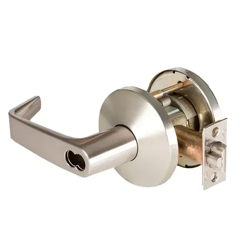 Grade 1 Closet/Storeroom Cylindrical Lock, Lost Motion, 15 Lever, L Rose, SFIC Less Core, Satin Nickel Finish, 4-7/8" ANSI Strike, Non-handed Satin Nickel