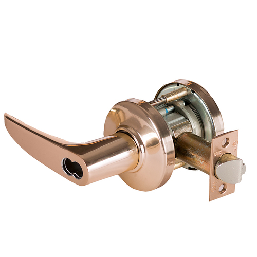 Grade 1 Closet/Storeroom Cylindrical Lock, Lost Motion, 16 Lever, C Rose, SFIC Less Core, Bright Bronze Finish, 4-7/8" ANSI Strike, Non-handed Bright Bronze