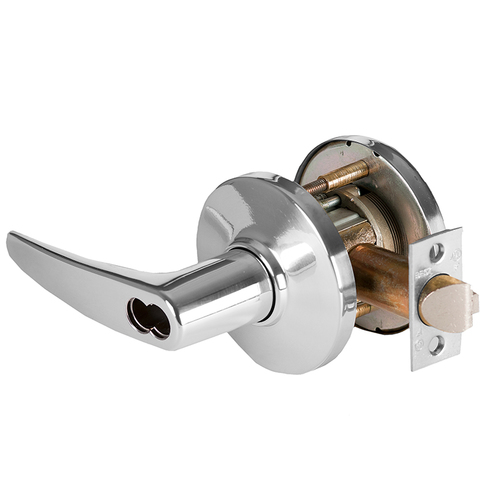 Grade 1 Exit Cylindrical Lock, Lost Motion, 16 Lever, D Rose, SFIC Less Core, Bright Chrome Finish, 4-7/8" ANSI Strike, Non-handed Bright Chrome