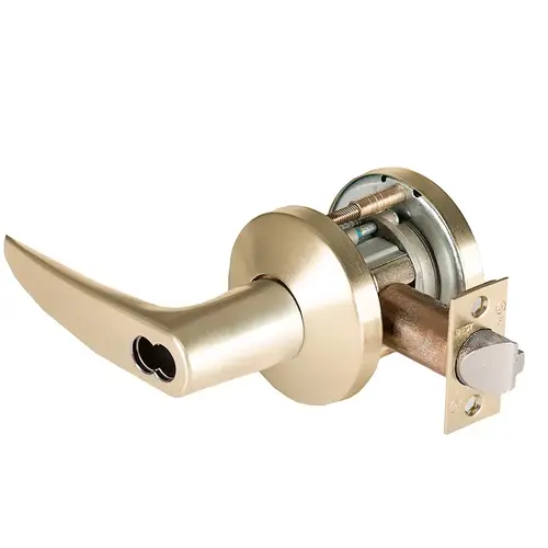 Grade 1 Exit Cylindrical Lock, Lost Motion, 16 Lever, K Rose, SFIC Less Core, Satin Brass Finish, 2-3/4" ANSI Strike, Non-handed Satin Brass