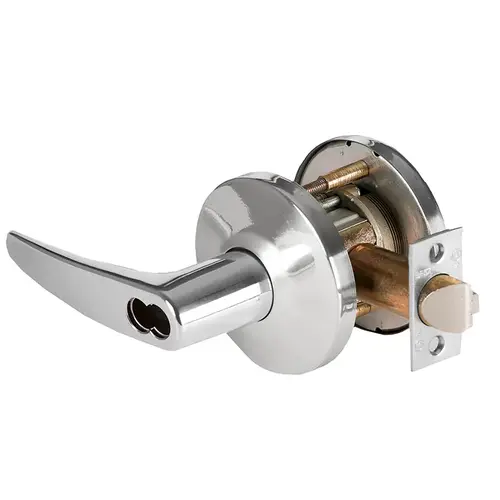 Grade 1 Closet/Storeroom Cylindrical Lock, Lost Motion, 16 Lever, L Rose, SFIC Less Core, Bright Chrome Finish, 2-3/4" ANSI Strike, Non-handed Bright Chrome