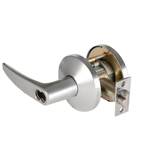 Grade 1 Exit Cylindrical Lock, Lost Motion, 16 Lever, L Rose, SFIC Less Core, Satin Chrome Finish, 4-7/8" ANSI Strike, Non-handed Satin Chrome