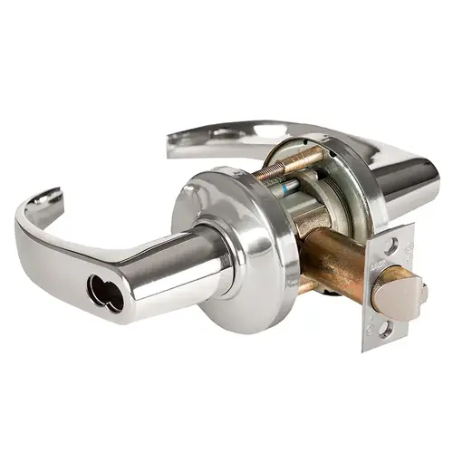 Grade 1 Entrance Cylindrical Lock, Lost Motion, 14 Lever, C Rose, SFIC Less Core, Bright Chrome Finish, 4-7/8" ANSI Strike, Non-handed Bright Chrome