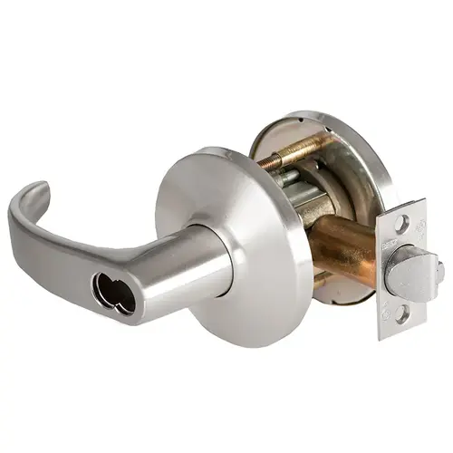 Grade 1 Exit Cylindrical Lock, Lost Motion, 14 Lever, D Rose, SFIC Less Core, Satin Chrome Finish, 2-3/4" ANSI Strike, Non-handed Satin Chrome