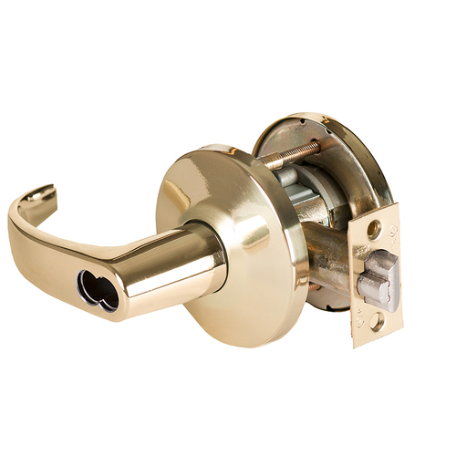 Grade 1 Special Cylindrical Lock, Lost Motion, 14 Lever, L Rose, SFIC Less Core, Bright Brass Finish, 4-7/8" ANSI Strike, Non-handed Bright Brass