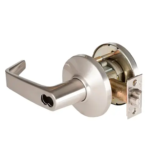 Grade 1 Closet/Storeroom Cylindrical Lock, Lost Motion, 15 Lever, D Rose, SFIC Less Core, Satin Nickel Finish, 4-7/8" ANSI Strike, Non-handed Satin Nickel