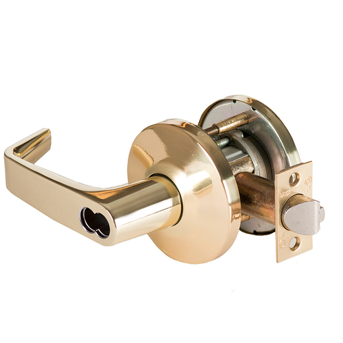 Grade 1 Special Cylindrical Lock, Lost Motion, 15 Lever, L Rose, SFIC Less Core, Bright Brass Finish, 4-7/8" ANSI Strike, Non-handed Bright Brass