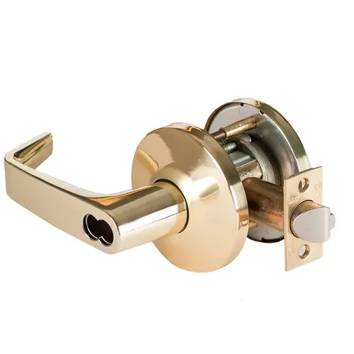 Grade 1 Exit Cylindrical Lock, Lost Motion, 15 Lever, L Rose, SFIC Less Core, Bright Brass Finish, 2-3/4" ANSI Strike, Non-handed Bright Brass