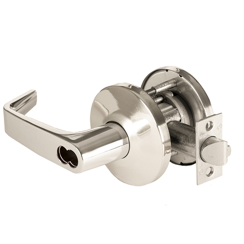 Grade 1 Closet/Storeroom Cylindrical Lock, Lost Motion, 15 Lever, L Rose, SFIC Less Core, Bright Nickel Finish, 2-3/4" ANSI Strike, Non-handed Bright Nickel