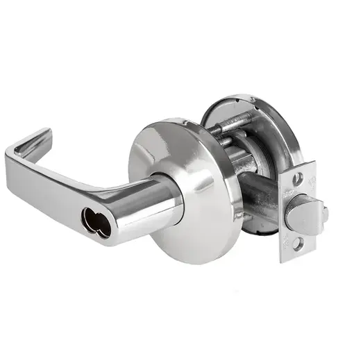 Grade 1 Closet/Storeroom Cylindrical Lock, Lost Motion, 15 Lever, L Rose, SFIC Less Core, Bright Chrome Finish, 2-3/4" ANSI Strike, Non-handed Bright Chrome