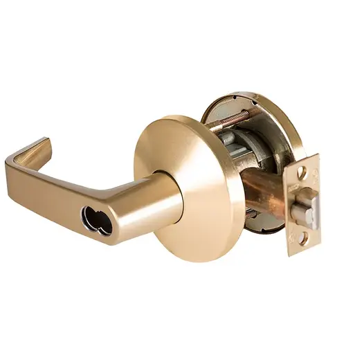 Grade 1 Exit Cylindrical Lock, Lost Motion, 15 Lever, L Rose, SFIC Less Core, Satin Brass Finish, 2-3/4" ANSI Strike, Non-handed Satin Brass