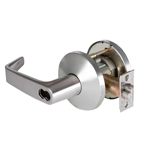 Grade 1 Exit Cylindrical Lock, Lost Motion, 15 Lever, L Rose, SFIC Less Core, Satin Chrome Anti-Microbial Finish, 2-3/4" ANSI Strike, Non-handed Satin Chrome Anti-Microbial