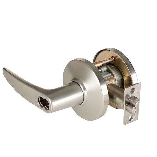 Grade 1 Exit Cylindrical Lock, Lost Motion, 16 Lever, D Rose, SFIC Less Core, Satin Nickel Finish, 2-3/4" ANSI Strike, Non-handed Satin Nickel