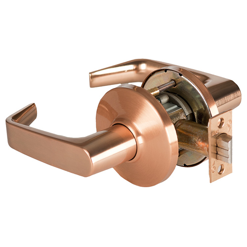 Grade 1 Exit Cylindrical Lock, Lost Motion, 15 Lever, D Rose, Non-Keyed, Satin Bronze Finish, 2-3/4" ANSI Strike, Non-handed Satin Bronze